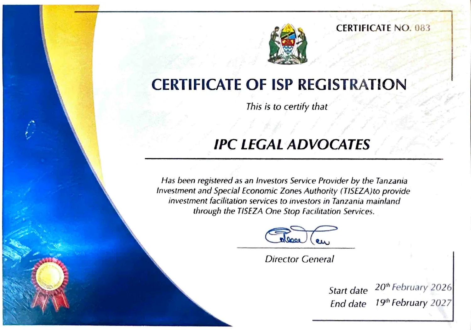TISEZA Certificate of ISP Registration issued to IPC Legal Advocates